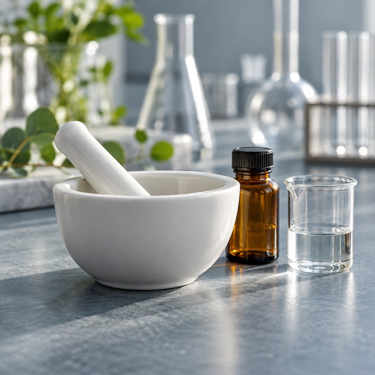 Illustrative scene of formulation work: a porcelain mortar, amber bottle and laboratory glassware.